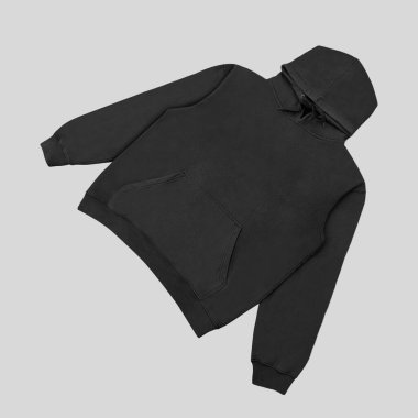 Düz siyah kapüşonlu şablon. Tasarım ve baskı için uzun kollu düz kollu kapüşonlu sweatshirt. Kapüşonlu ön ve arka üst görünüm