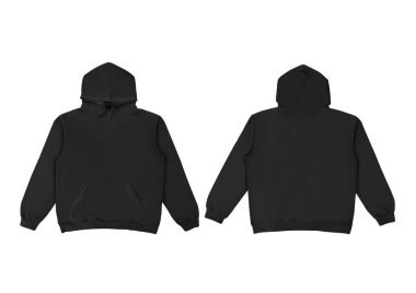 Düz siyah kapüşonlu şablon. Tasarım ve baskı için uzun kollu düz kollu kapüşonlu sweatshirt. Kapüşonlu ön ve arka üst görünüm