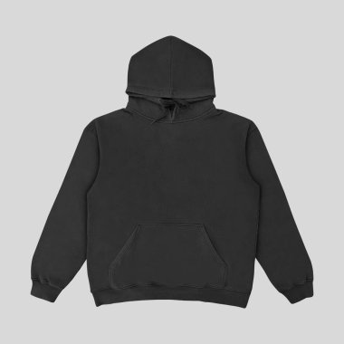 Düz siyah kapüşonlu şablon. Tasarım ve baskı için uzun kollu düz kollu kapüşonlu sweatshirt. Kapüşonlu ön ve arka üst görünüm