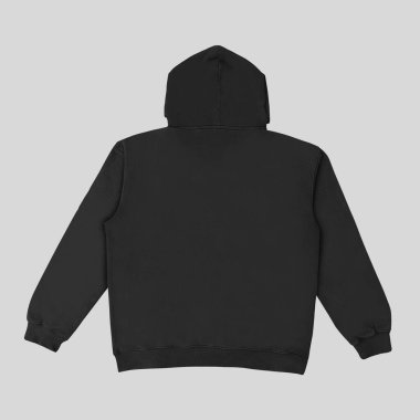 Düz siyah kapüşonlu şablon. Tasarım ve baskı için uzun kollu düz kollu kapüşonlu sweatshirt. Kapüşonlu ön ve arka üst görünüm