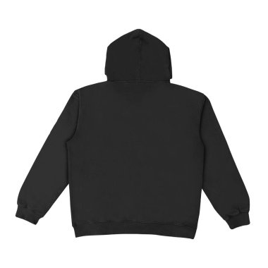 Düz siyah kapüşonlu şablon. Tasarım ve baskı için uzun kollu düz kollu kapüşonlu sweatshirt. Kapüşonlu ön ve arka üst görünüm