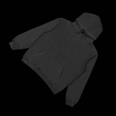 Düz siyah kapüşonlu şablon. Tasarım ve baskı için uzun kollu düz kollu kapüşonlu sweatshirt. Kapüşonlu ön ve arka üst görünüm