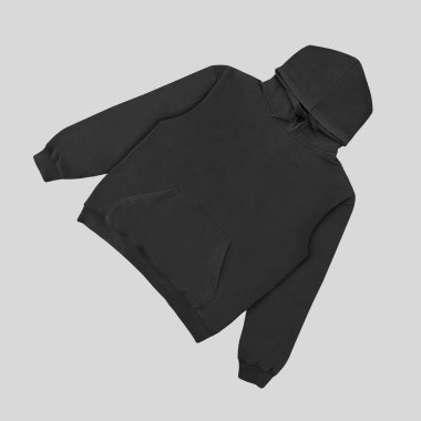 Düz siyah kapüşonlu şablon. Tasarım ve baskı için uzun kollu düz kollu kapüşonlu sweatshirt. Kapüşonlu ön ve arka üst görünüm