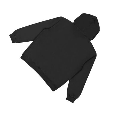 Düz siyah kapüşonlu şablon. Tasarım ve baskı için uzun kollu düz kollu kapüşonlu sweatshirt. Kapüşonlu ön ve arka üst görünüm