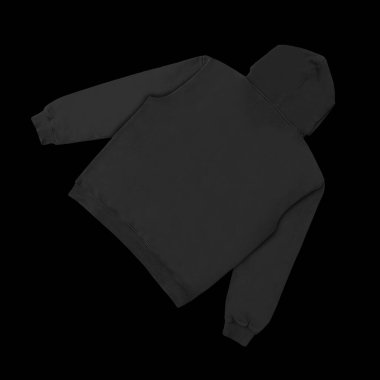 Düz siyah kapüşonlu şablon. Tasarım ve baskı için uzun kollu düz kollu kapüşonlu sweatshirt. Kapüşonlu ön ve arka üst görünüm