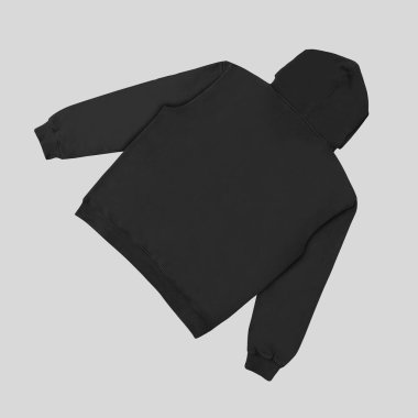 Düz siyah kapüşonlu şablon. Tasarım ve baskı için uzun kollu düz kollu kapüşonlu sweatshirt. Kapüşonlu ön ve arka üst görünüm