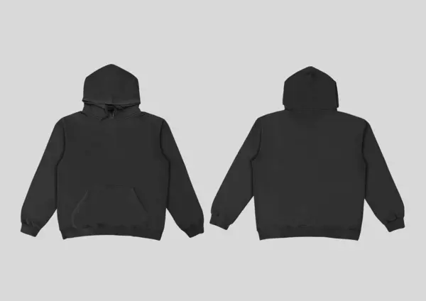 Düz siyah kapüşonlu şablon. Tasarım ve baskı için uzun kollu düz kollu kapüşonlu sweatshirt. Kapüşonlu ön ve arka üst görünüm