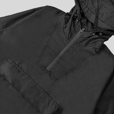 Ön ve arka kapüşonlu ceket (parka), yarı kapüşonlu kapüşonlu kapüşonlu ceket, boş siyah rüzgarlık ön ve arka modeller.