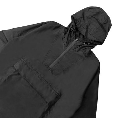 Ön ve arka kapüşonlu ceket (parka), yarı kapüşonlu kapüşonlu kapüşonlu ceket, boş siyah rüzgarlık ön ve arka modeller.