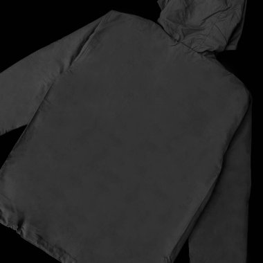 Ön ve arka kapüşonlu ceket (parka), yarı kapüşonlu kapüşonlu kapüşonlu ceket, boş siyah rüzgarlık ön ve arka modeller..