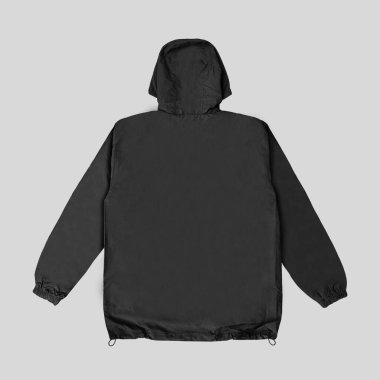 Ön ve arka kapüşonlu ceket (parka), yarı kapüşonlu kapüşonlu kapüşonlu ceket, boş siyah rüzgarlık ön ve arka modeller..