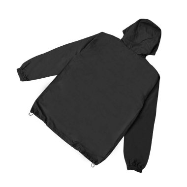 Ön ve arka kapüşonlu ceket (parka), yarı kapüşonlu kapüşonlu kapüşonlu ceket, boş siyah rüzgarlık ön ve arka modeller..