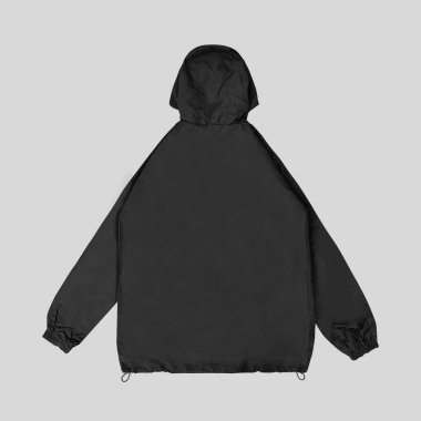 Ön ve arka kapüşonlu ceket (parka), yarı kapüşonlu kapüşonlu kapüşonlu ceket, boş siyah rüzgarlık ön ve arka modeller..