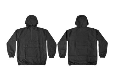 Ön ve arka kapüşonlu ceket (parka), yarı kapüşonlu kapüşonlu kapüşonlu ceket, boş siyah rüzgarlık ön ve arka modeller..