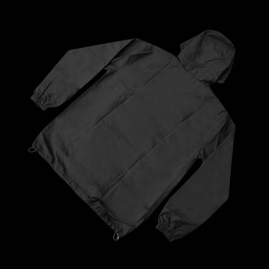 Ön ve arka kapüşonlu ceket (parka), yarı kapüşonlu kapüşonlu kapüşonlu ceket, boş siyah rüzgarlık ön ve arka modeller..