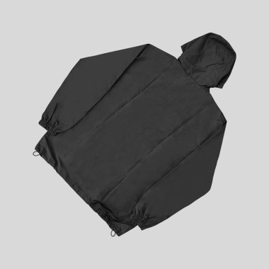 Ön ve arka kapüşonlu ceket (parka), yarı kapüşonlu kapüşonlu kapüşonlu ceket, boş siyah rüzgarlık ön ve arka modeller..
