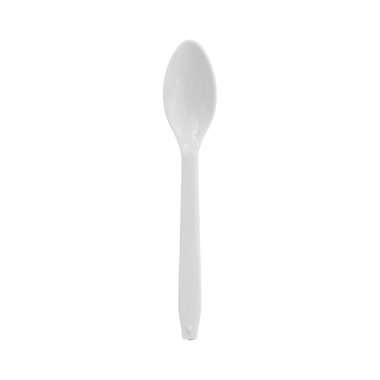 Plastik kaşık beyaz arka planda izole. Üst görünüm.