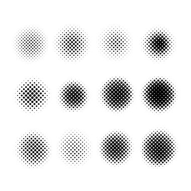 Yarım ton koleksiyonu. Dairesel noktalı çerçeveler ayarlandı. Noktalar daire şeklinde. Yuvarlak siyah yarım ton geometrik noktalar gradyanı.