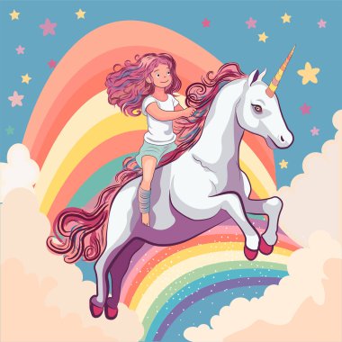   Bir kız bulutlarda tek boynuzlu at üstünde uçuyor.
