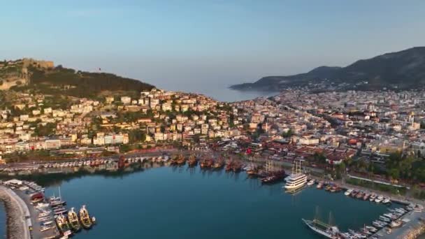 Sonnenaufgang Alanya Hafen Luftaufnahme — Stockvideo