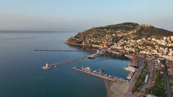 Sonnenaufgang Alanya Hafen Luftaufnahme — Stockvideo