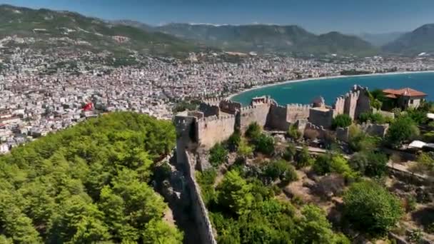 Rote Festung Der Stadt Alanya Luftaufnahme Sommerzeit — Stockvideo