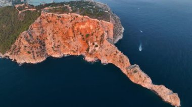 Castle Alanya Kalesi Aerial View 4 K of Mountain and City Turkey