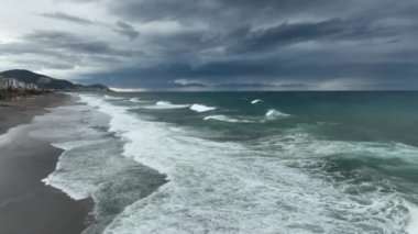 Storm at sea filmed on a drone in the sunset
