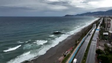 Storm at sea filmed on a drone in the sunset