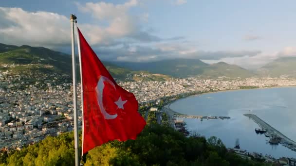 Türkische Flagge Luftaufnahme Türkei Alanya — Stockvideo