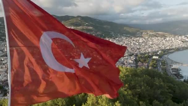Flaga Turecka Widok Lotu Ptaka Turcja Alanya — Wideo stockowe
