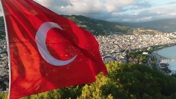 Flaga Turecka Widok Lotu Ptaka Turcja Alanya — Wideo stockowe