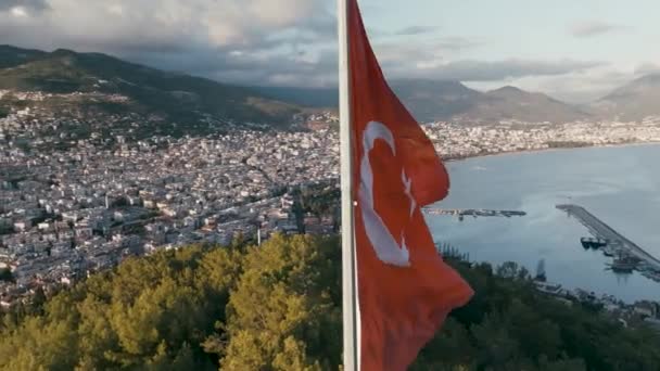 Вид Воздуха Турецкий Флаг Турция Аланья — стоковое видео