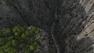 Tourist woman hiker on cliff against backdrop of gorge. Amazing Tazi Canyon, Turkey. Greyhound Canyon aerial view