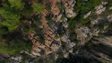 Tourist woman hiker on cliff against backdrop of gorge. Amazing Tazi Canyon, Turkey. Greyhound Canyon aerial view