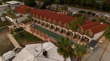 Dirty pool aerial view ,green water no people cold