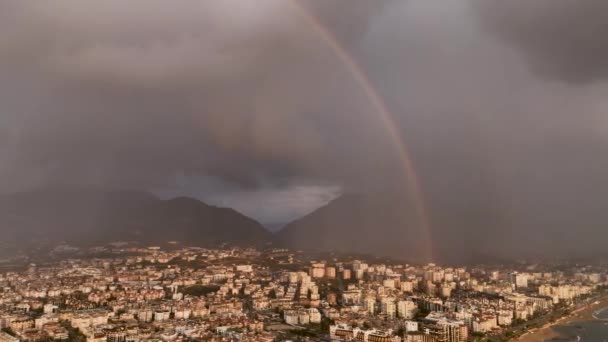 Double Rainbow City Rain Aerial View Perfect Quality — Stockvideo