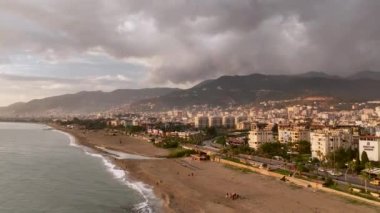 Double rainbow over the city during the rain aerial view, perfect quality 4K
