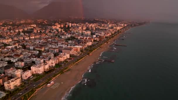 Double Rainbow City Rain Aerial View Perfect Quality — Vídeos de Stock