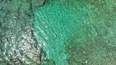 İnsanlar gök mavisi denizde yüzer.