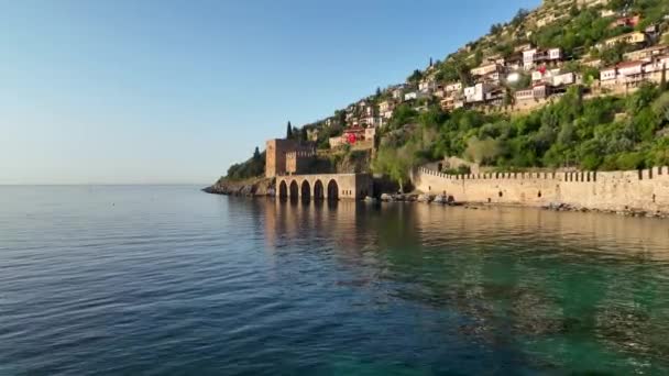 Сонячний Підйом Alanya Harbor Повітряний Вид Туреччину — стокове відео