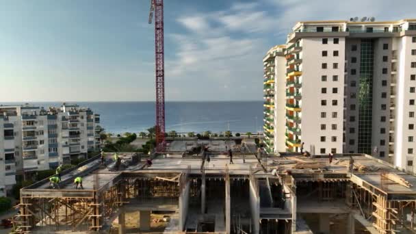 Construction Site Shores Mediterranean Sea Crane Lifts Metal Structure — Stock videók