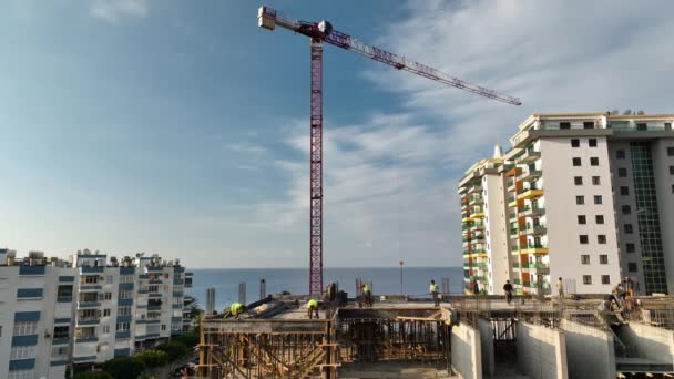 Construction Site Shores Mediterranean Sea Crane Lifts Metal Structure — Video Stock