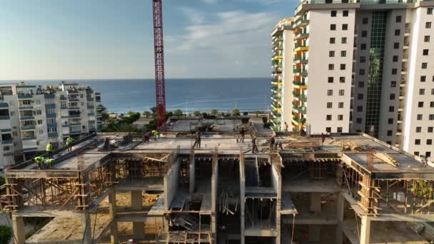 Construction Site Shores Mediterranean Sea Crane Lifts Metal Structure — Stok video