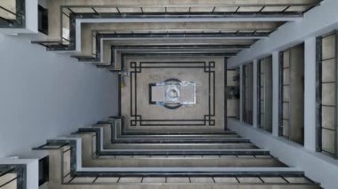 Aerial view in house with atrium space, building finishing work 4K