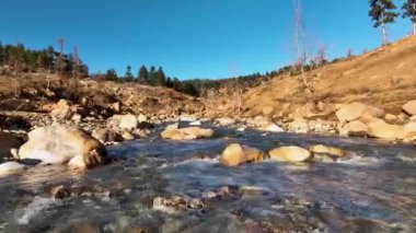 Cold water splashing near rapids. Concept of water background.