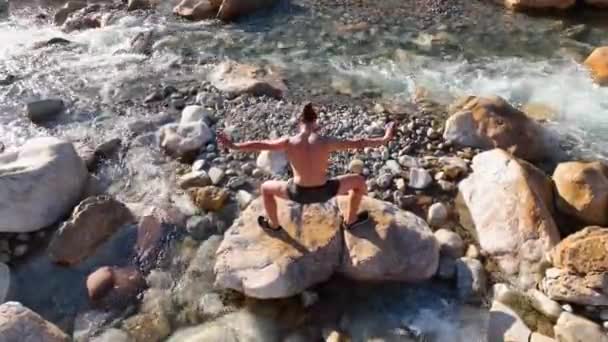 Young Man Very Seriously Adjusted Guy Enjoys Nature Breathes Fresh — Stock video