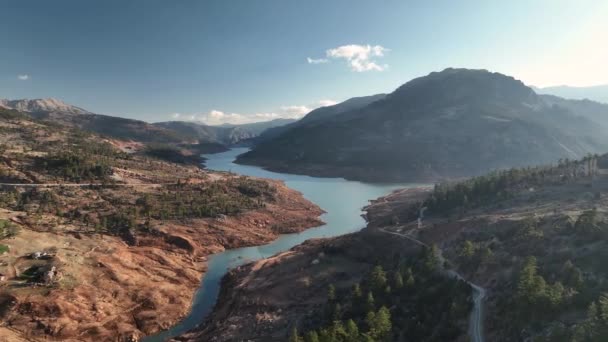 Water Rushing Colorful Stones Aerial View Flowing Deep Lake — Video