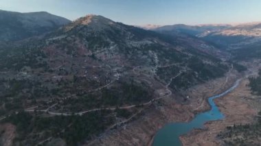 drone flight in the mountains, beautiful sunset light