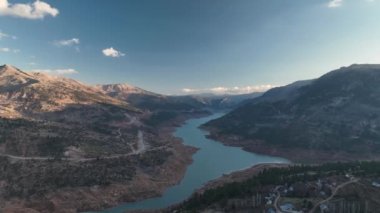 drone flight in the mountains, beautiful sunset light